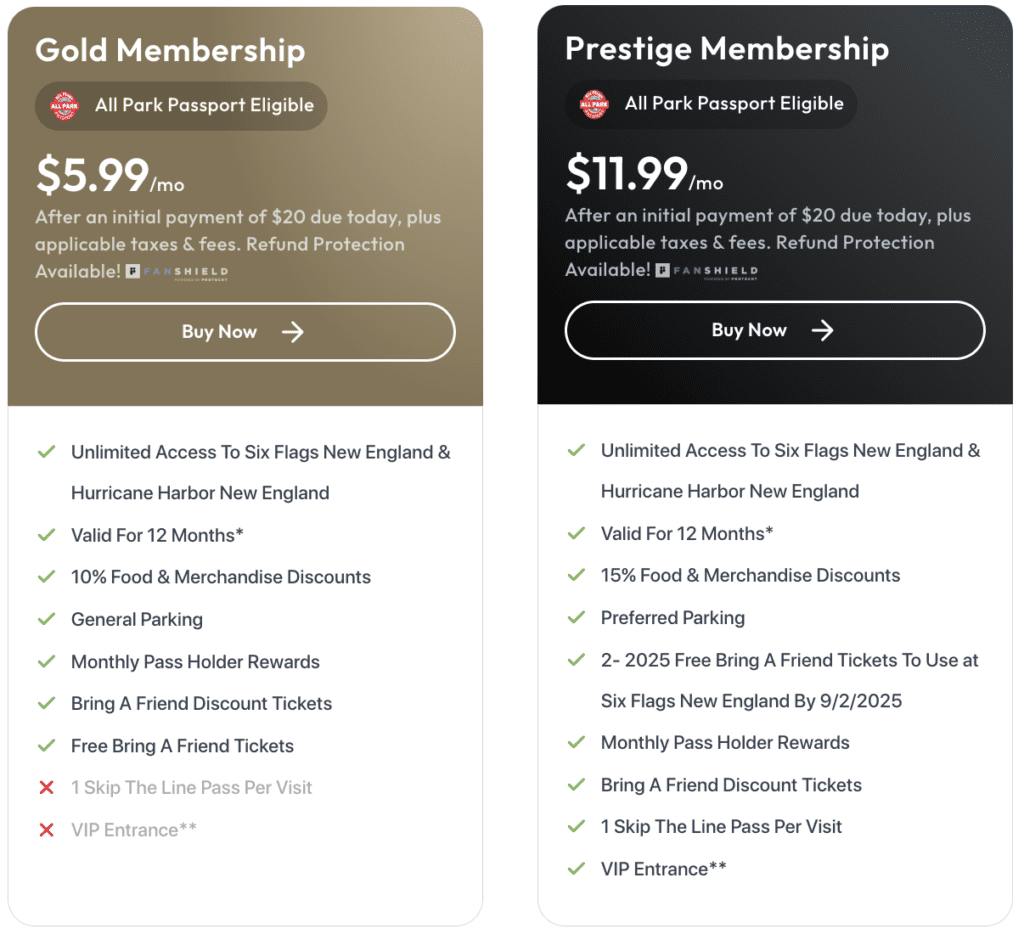 membership pricing at six flags new england 2025